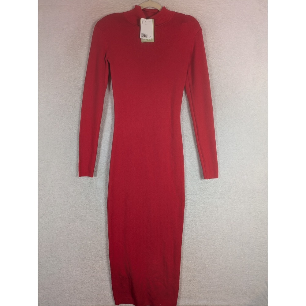 NEW H&M Midi Dress Women's XS Red Ribbed Mock Neck Long Sleeve Bodycon
